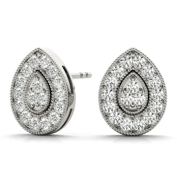 Pavé Pear-Shaped Halo Stud Earrings with Milgrain Detailing Silver