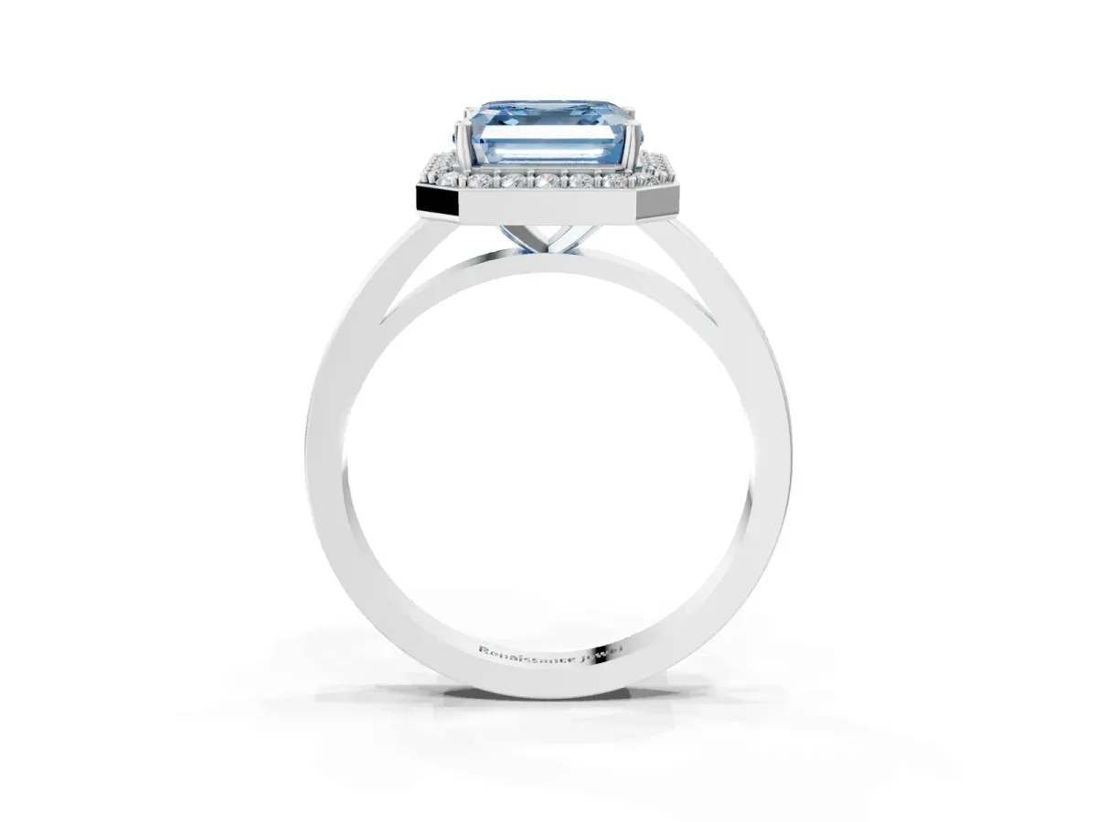 Fancy Blue Asscher Cut Halo Diamond Ring with Solitaire Band and Prong Setting Platinum