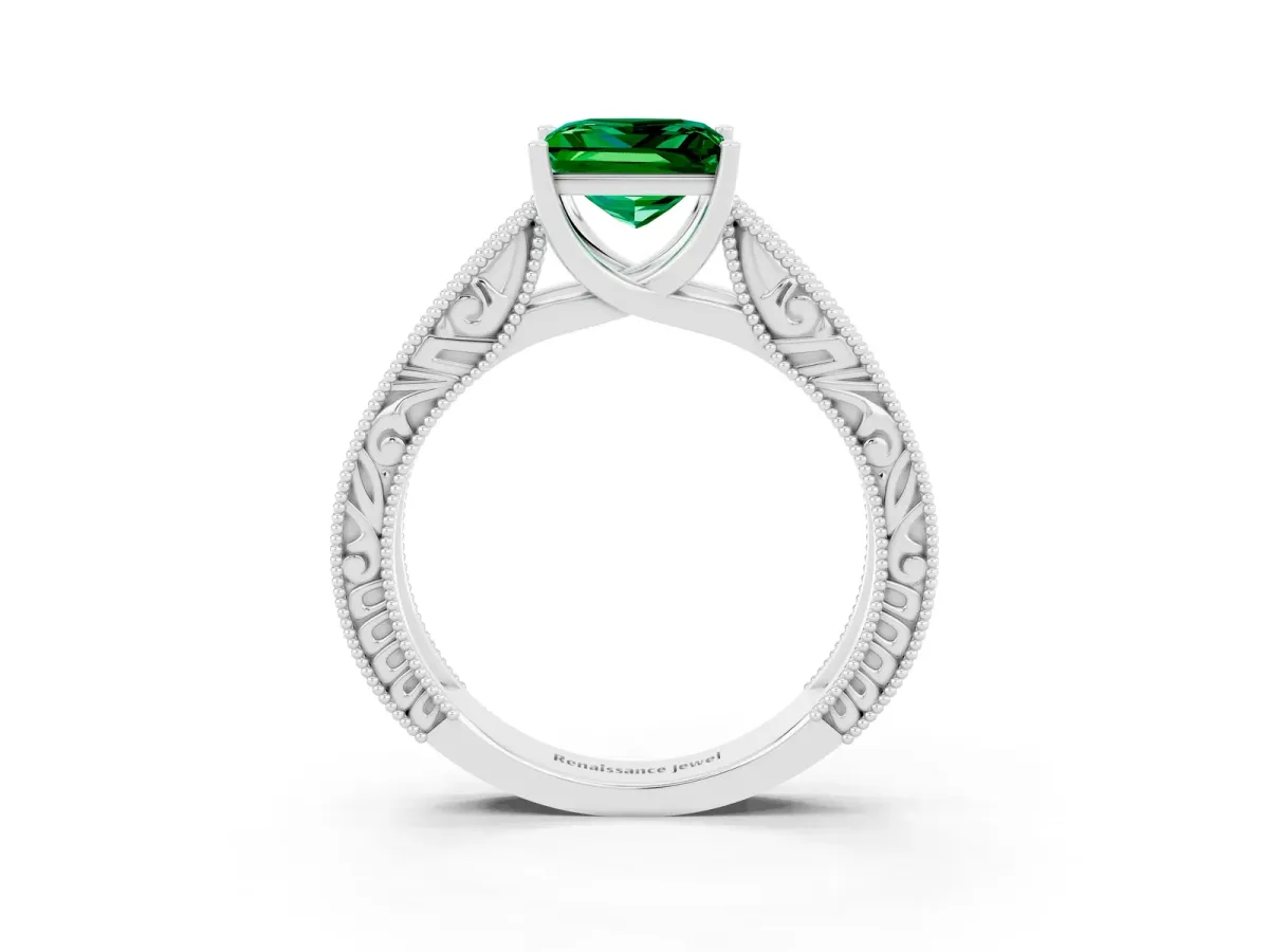 Princess Cut Emerald Solitaire Ring with Engraved Band and Four-Prong Setting White gold