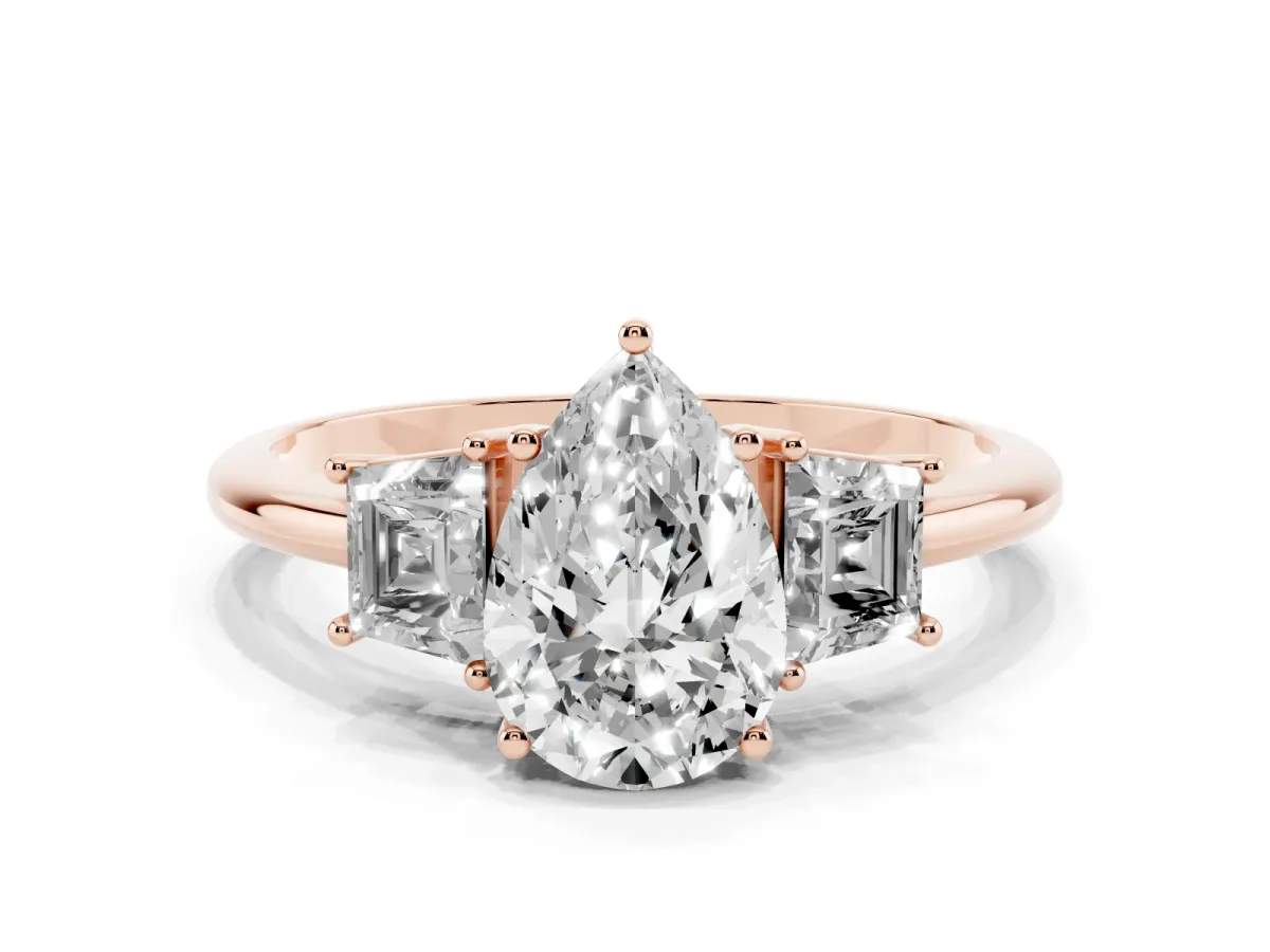 Pear Cut Diamond Three-Stone Ring with Trapezoid Side Stones and Prong Setting Rose gold