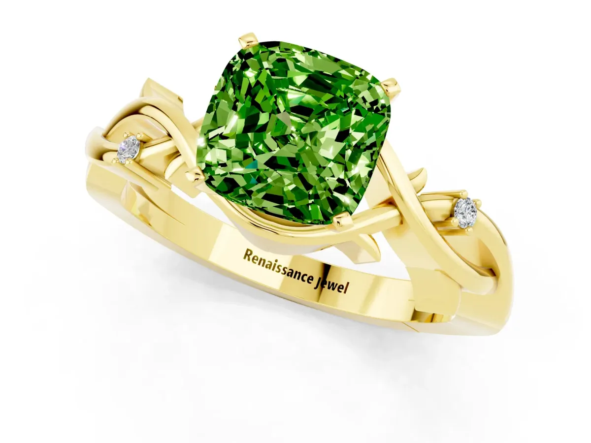 Cushion Cut Peridot Solitaire Ring with Twisted Band and Prong Setting Yellow gold