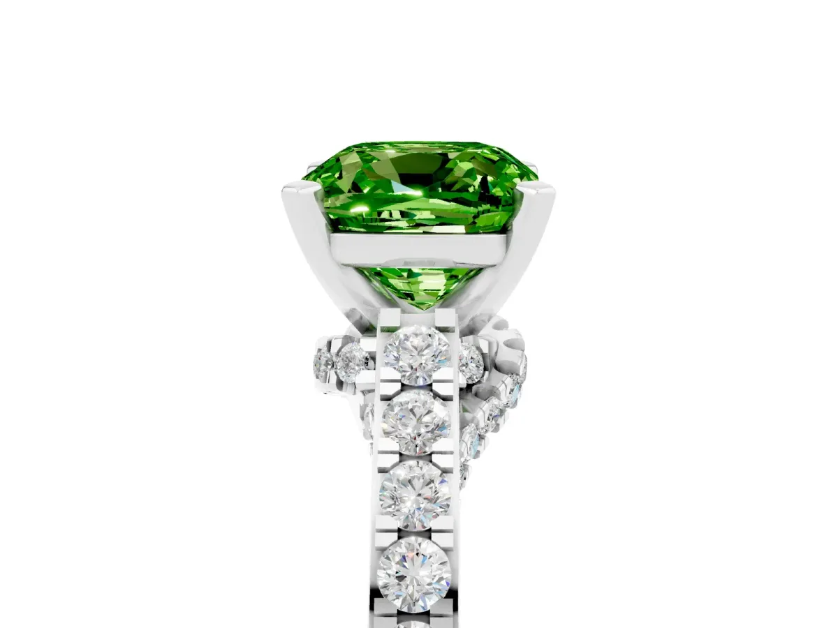 Cushion Cut Peridot Solitaire Ring with Crossover Gallery and Round Pavé Band Silver