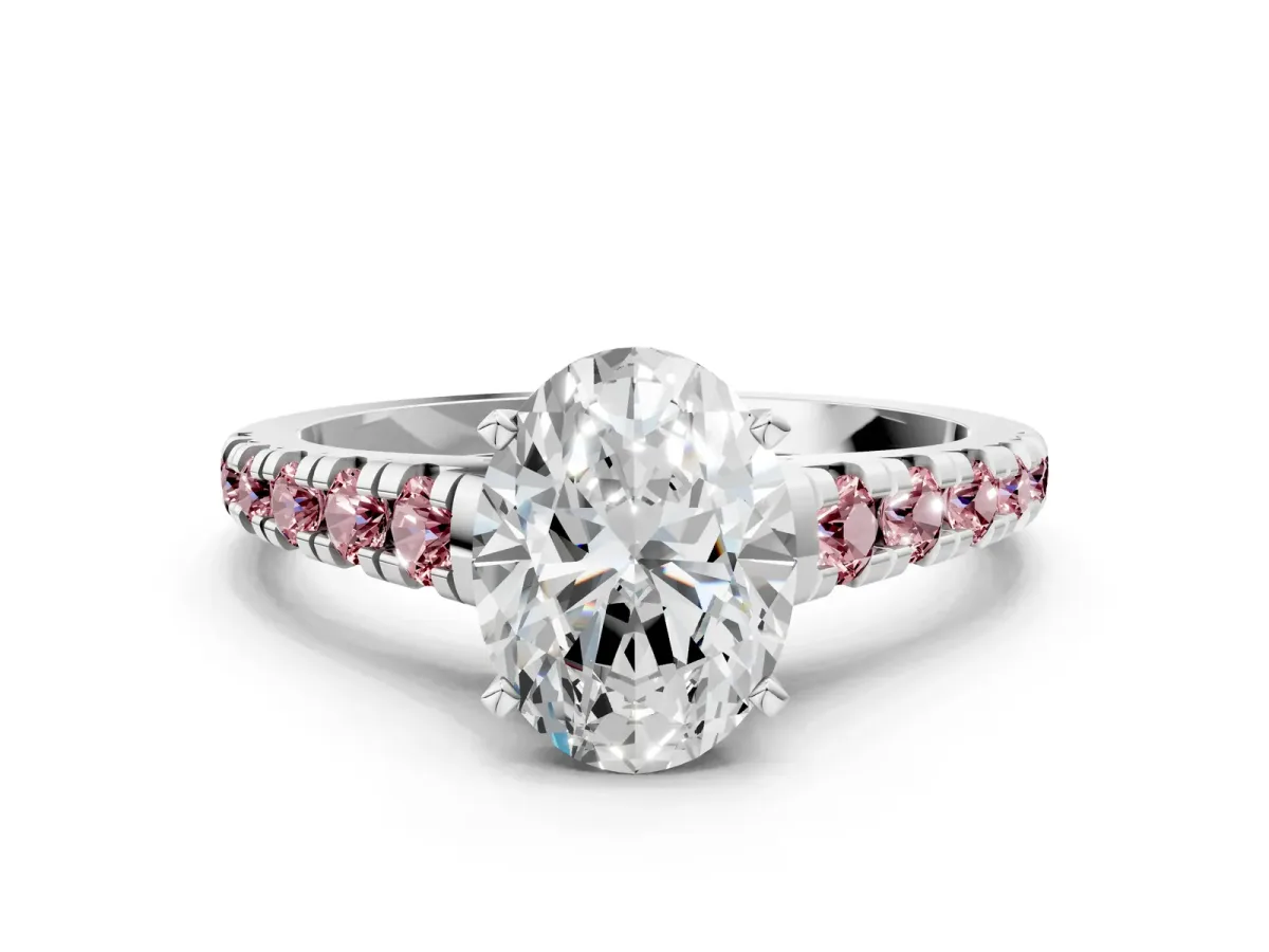 Oval Cut Diamond Cathedral Solitaire Ring with Round Morganite Pavé Band Silver