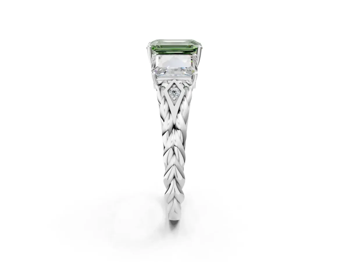 Fancy Green Three-Stone Emerald Cut Diamond Braided Band Ring with Four-Prong Setting Silver