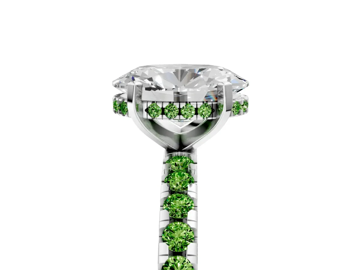 Oval Cut Diamond Solitaire Ring with Round Peridot Pavé Band and Four-Prong Setting Silver