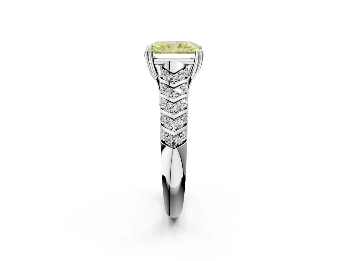 Fancy Yellow Radiant Cut Solitaire Chevron Pave Diamond Engagement Ring with Six-Prong Setting Platinum