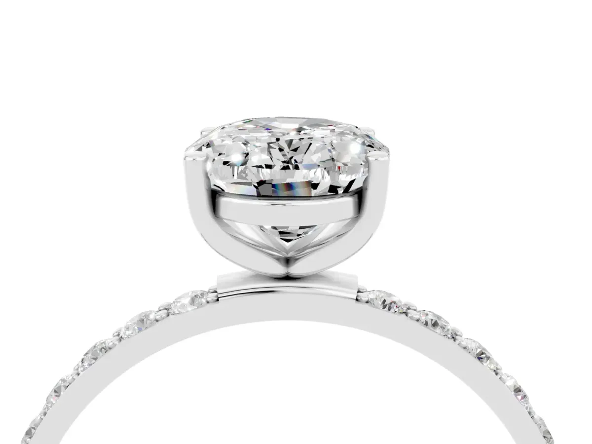 Oval Cut Moissanite Solitaire Ring with Round Pavé Band and Prong Setting Silver