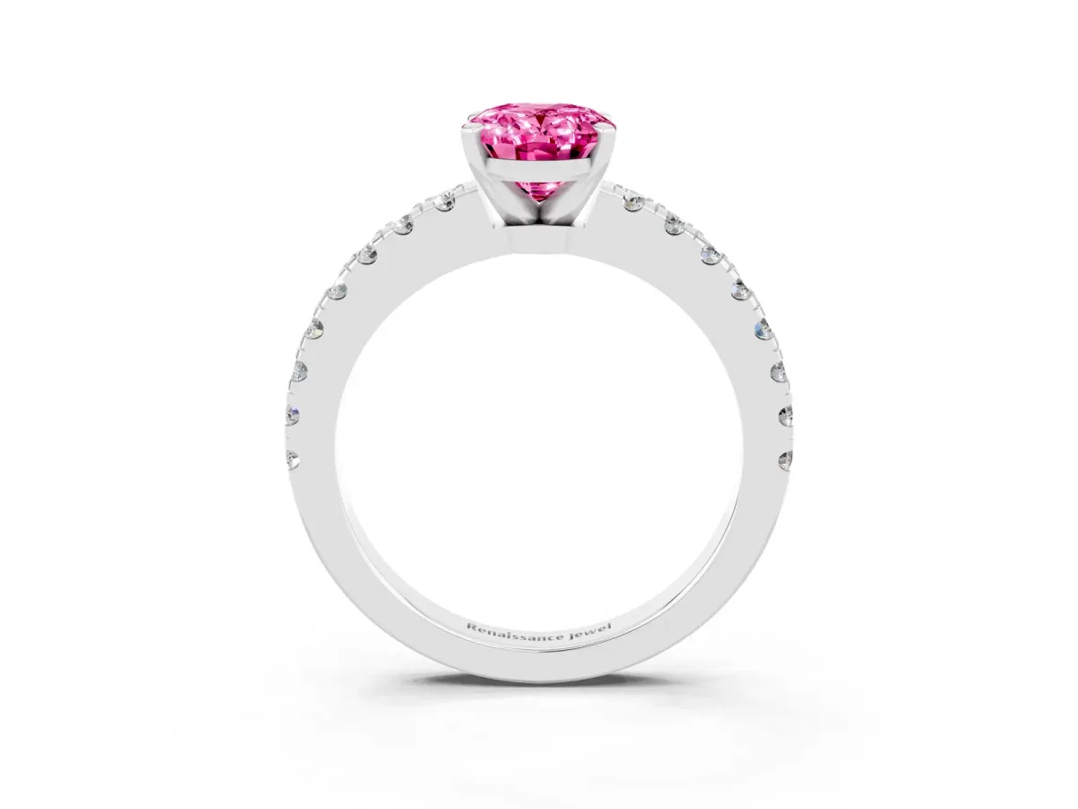 Oval Cut Solitaire Pink Sapphire with Pavé Band and Four-Prong Setting Silver
