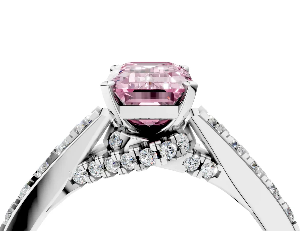 Fancy Pink Emerald Cut Diamond Solitaire Ring with Crossover Gallery and Round Pavé Band Silver