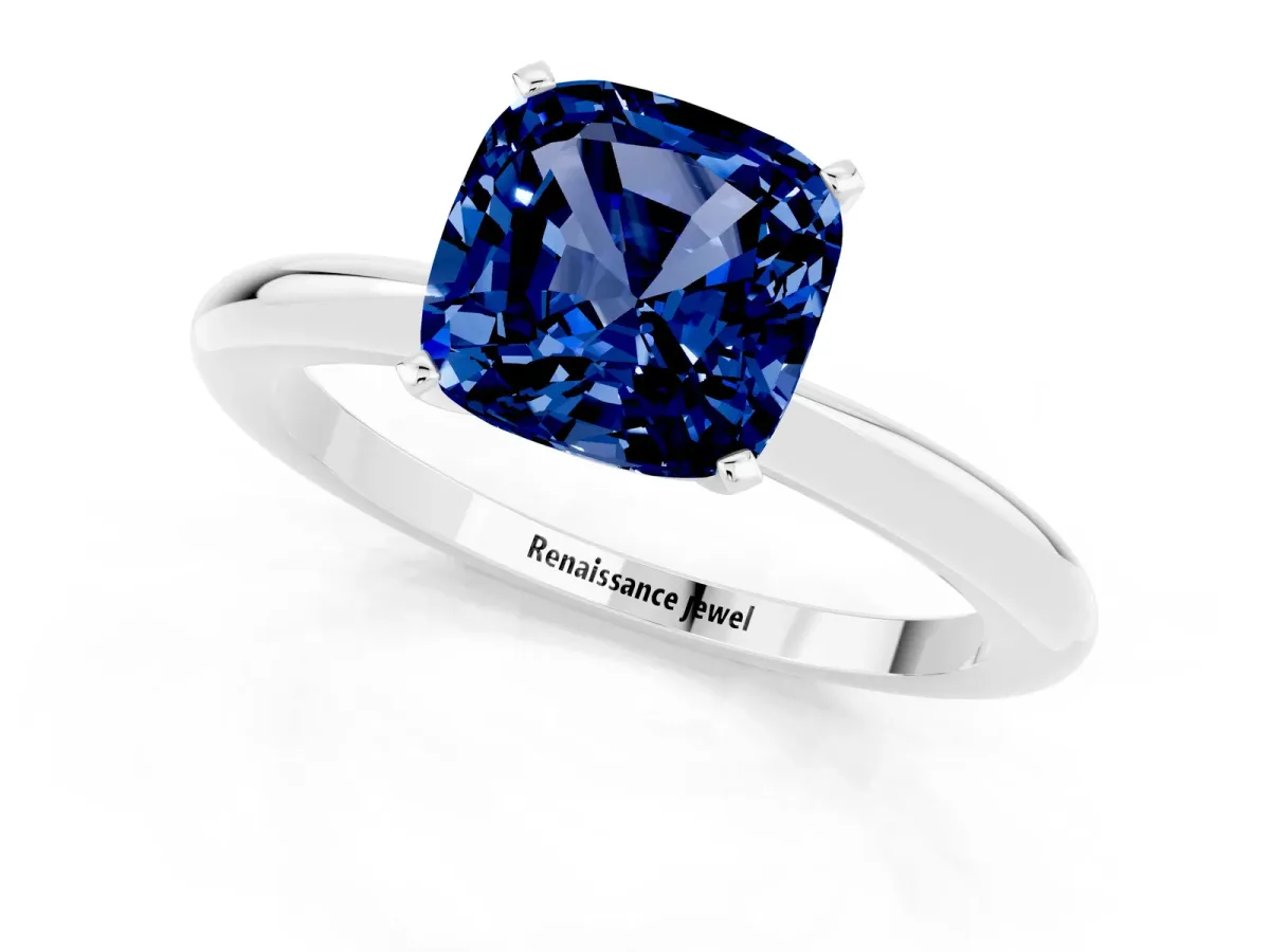 Cushion Cut Blue Sapphire Solitaire Ring with Six-Prong Setting and Classic Band Silver