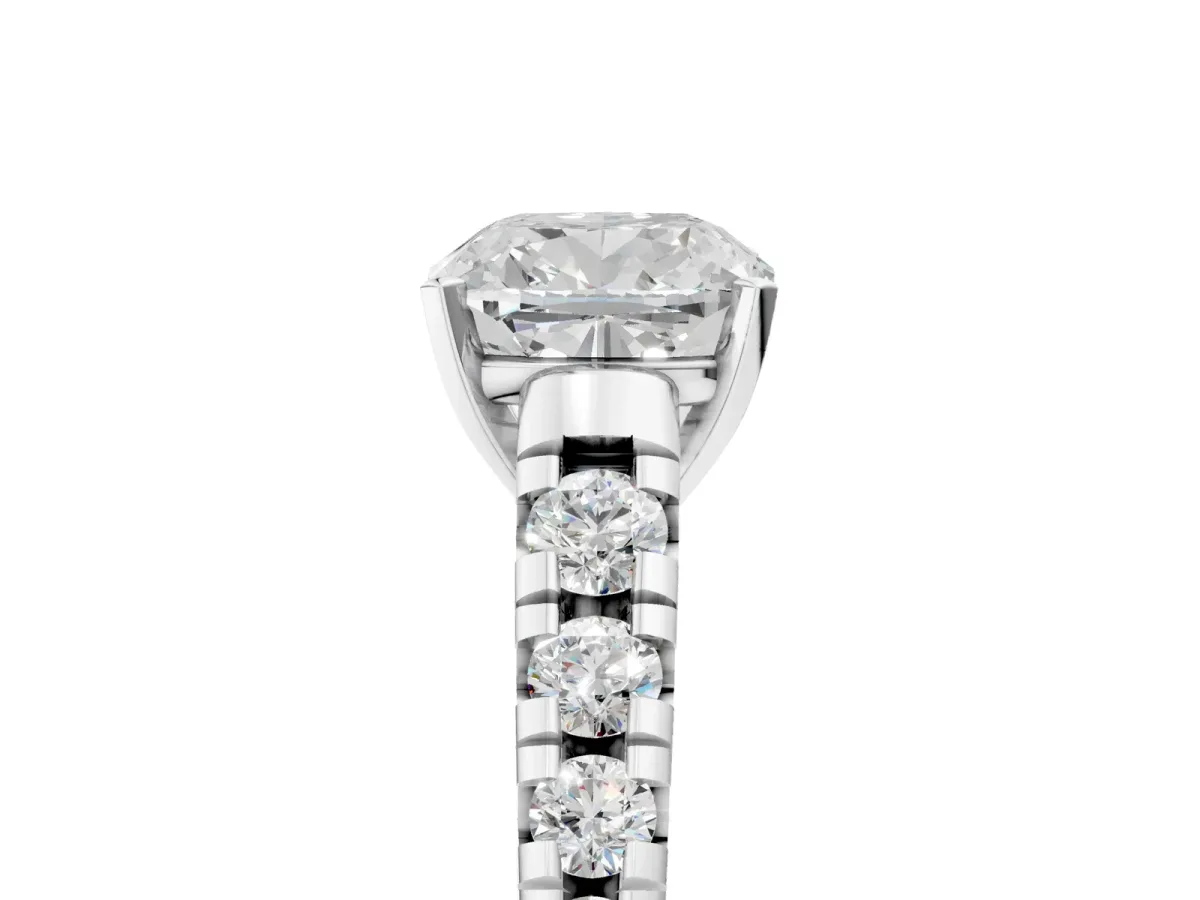 Cushion Cut Diamond Cathedral Solitaire Ring with Round Moissanite Pavé Band Silver