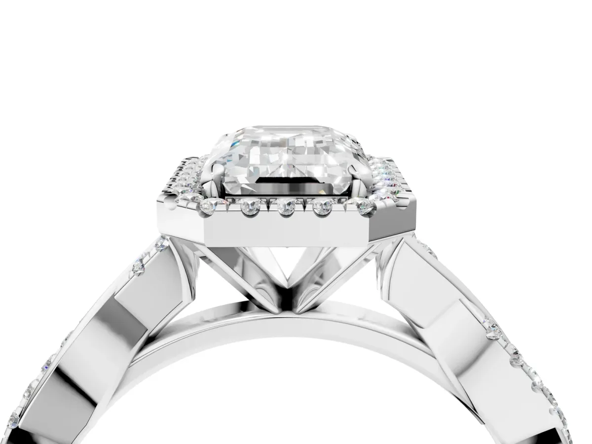 Emerald Cut Cut Halo Twisted Band Four-Prong Ring White gold
