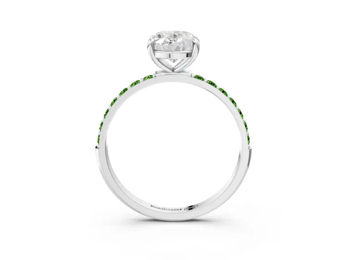 Oval Cut Diamond Solitaire Ring with Round Peridot Pavé Band and Prong Setting Silver