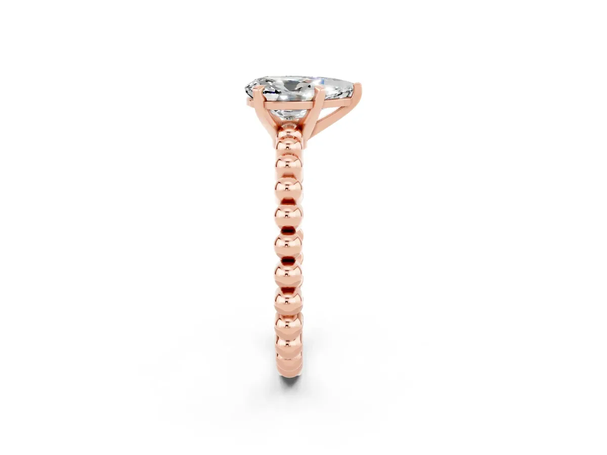 Pear Cut Moissanite Solitaire Ring with Beaded Band and Prong Setting Rose gold