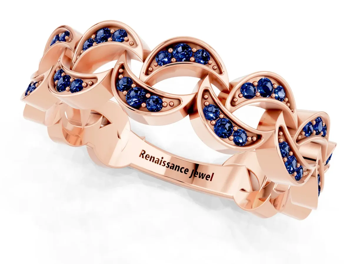 Pavé Round Blue Sapphire Interlocking Eternity Band with Bezel Prong Setting Rose gold