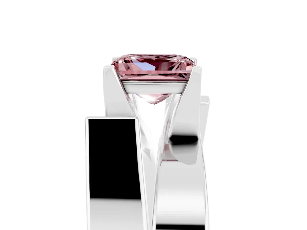 Modern Tension Set Princess Cut Morganite Solitaire Wide Band Ring Silver