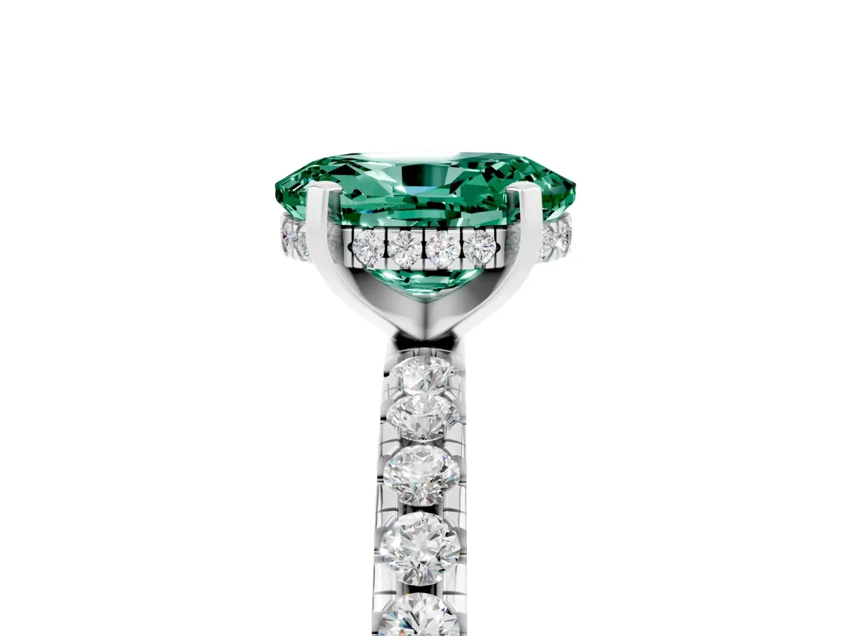 Oval Cut Green Sapphire Solitaire Ring with Round Pavé Band and Four-Prong Setting Silver