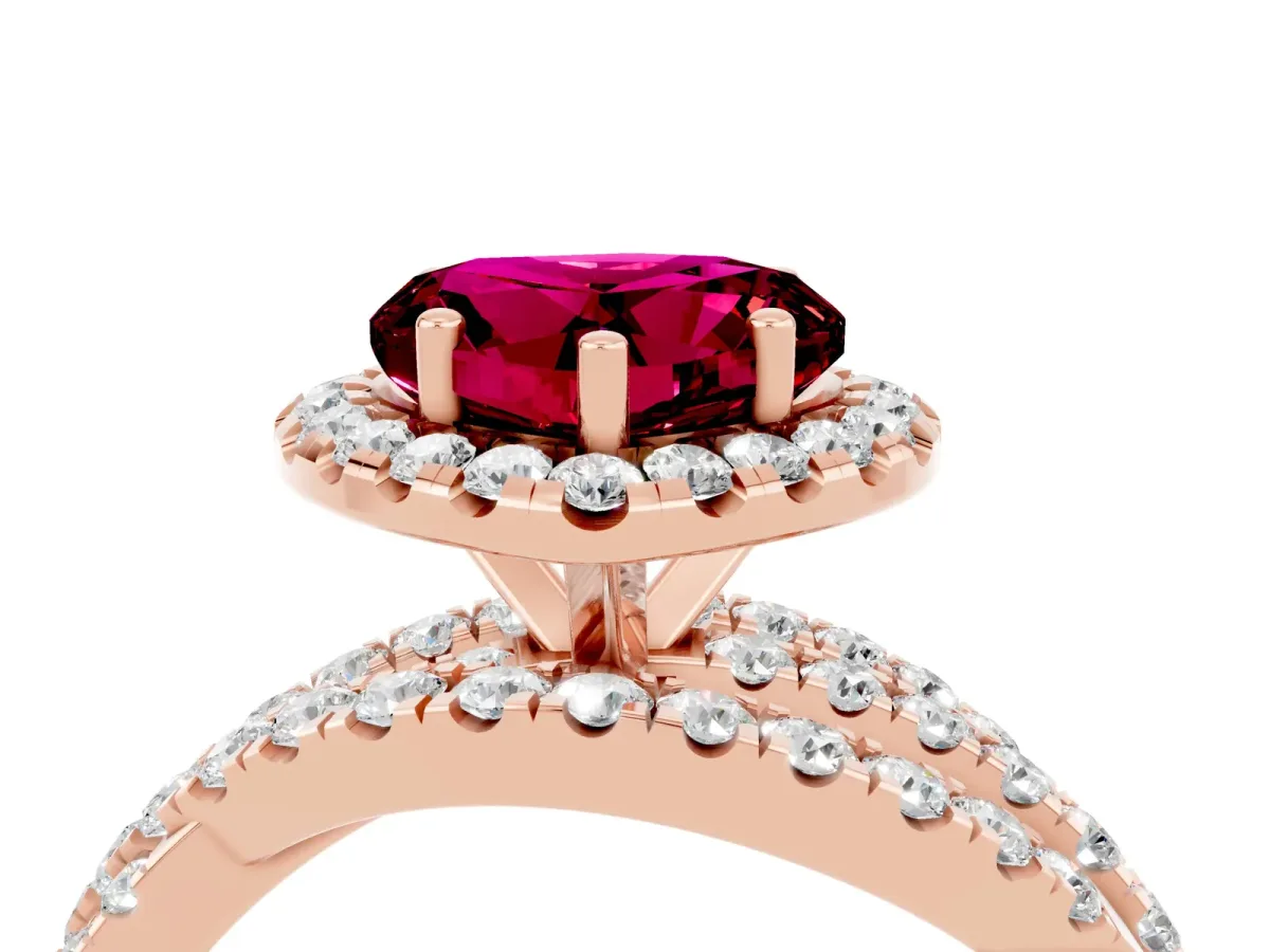 Heart Cut Garnet Halo Ring with Round Split Shank and Prong Setting Rose gold