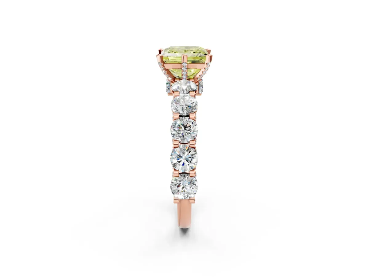 Fancy Yellow Princess Cut Diamond Side Stone Engagement Ring with Four-Prong Setting Rose gold
