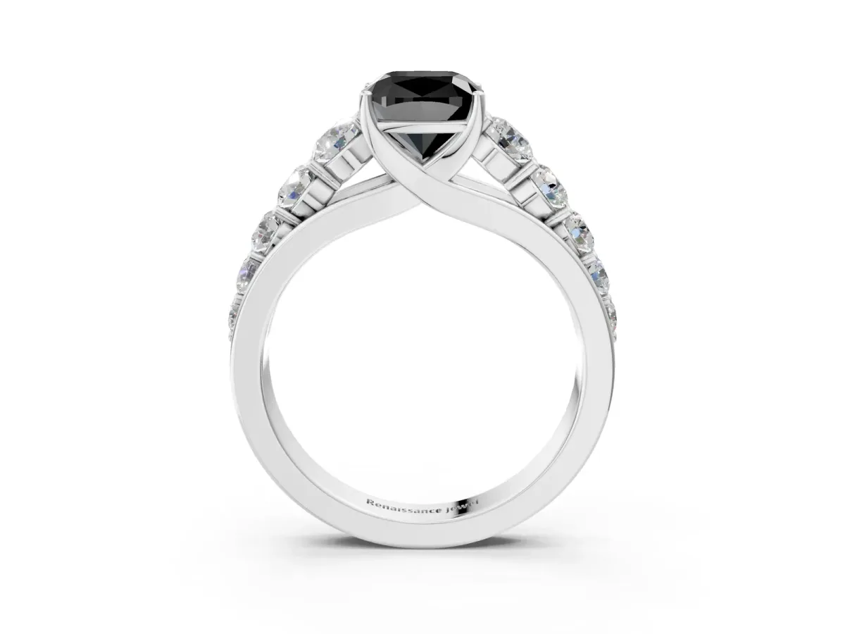 Fancy Black Cushion Cut Brilliant Diamond Pavé Band with Six-Prong Setting Silver