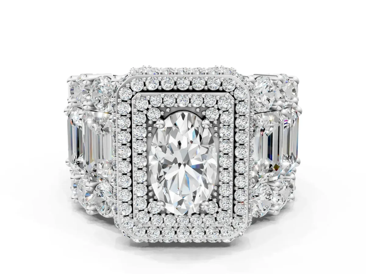 Oval Diamond Halo Mens Ring with Baguette Side Stones Silver