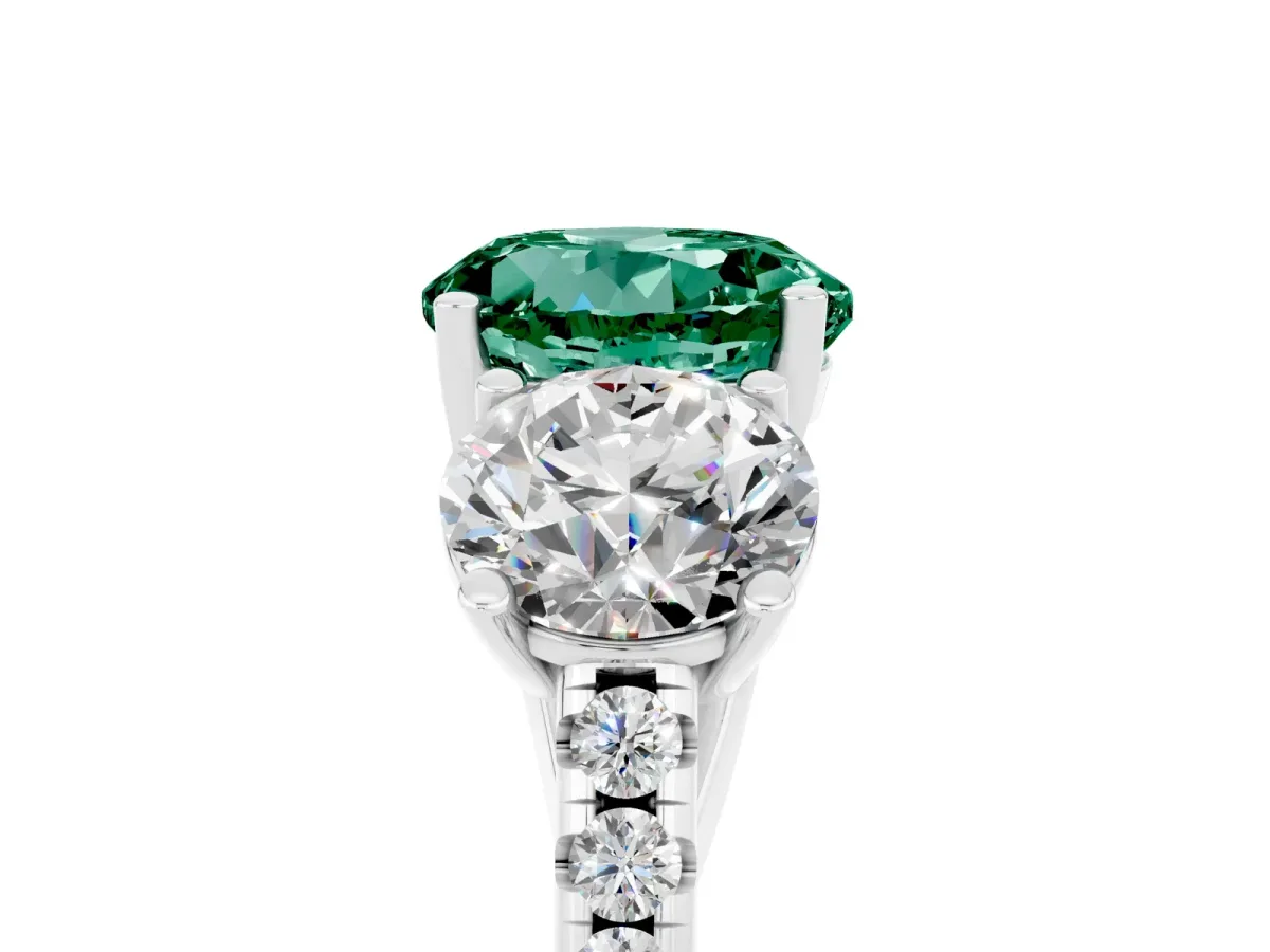 Three-Stone Round Cut Green Sapphire Ring with Round Pavé Band and Prong Setting Silver