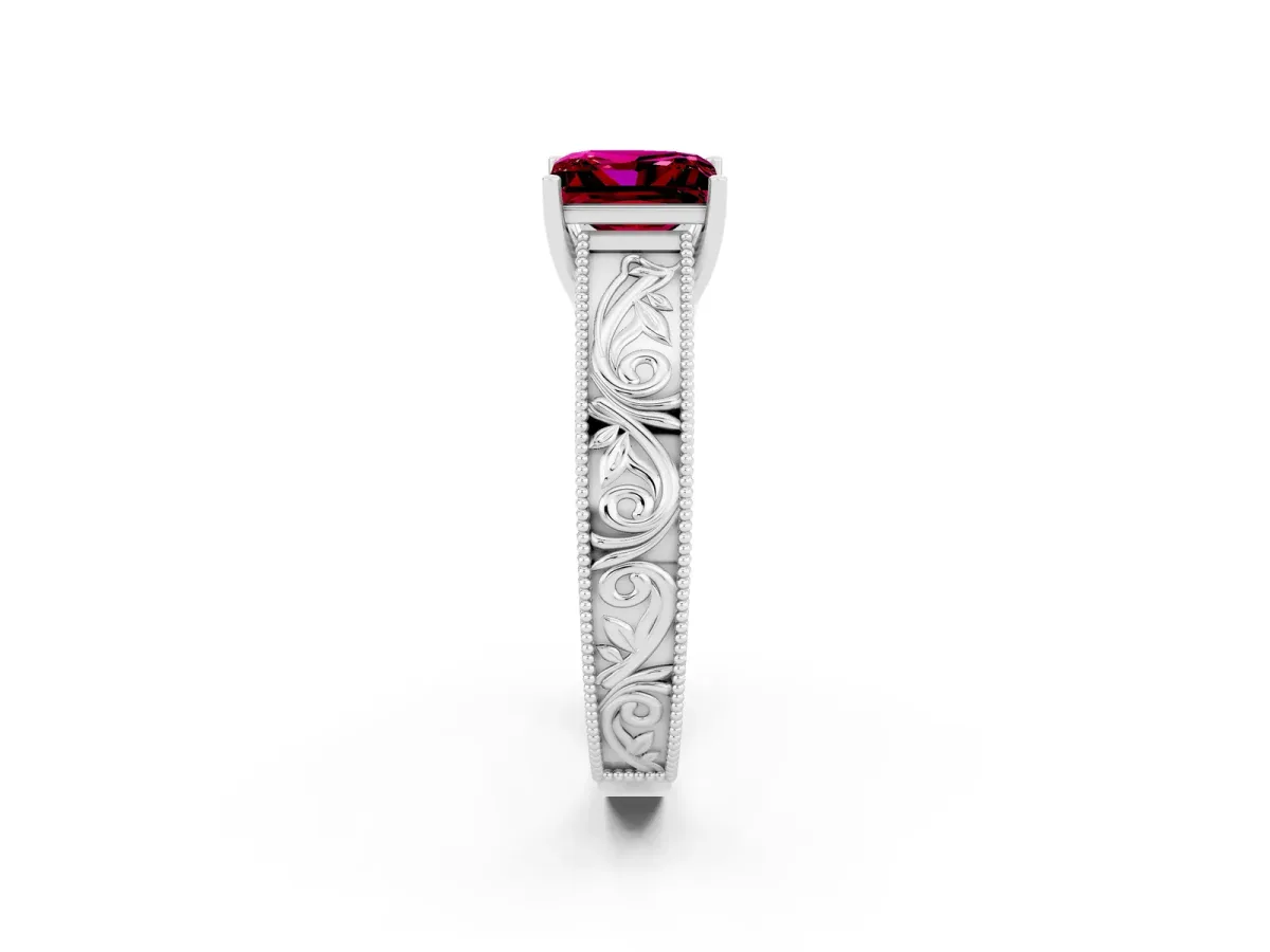 Princess Cut Garnet Solitaire Ring with Engraved Band and Four-Prong Setting White gold