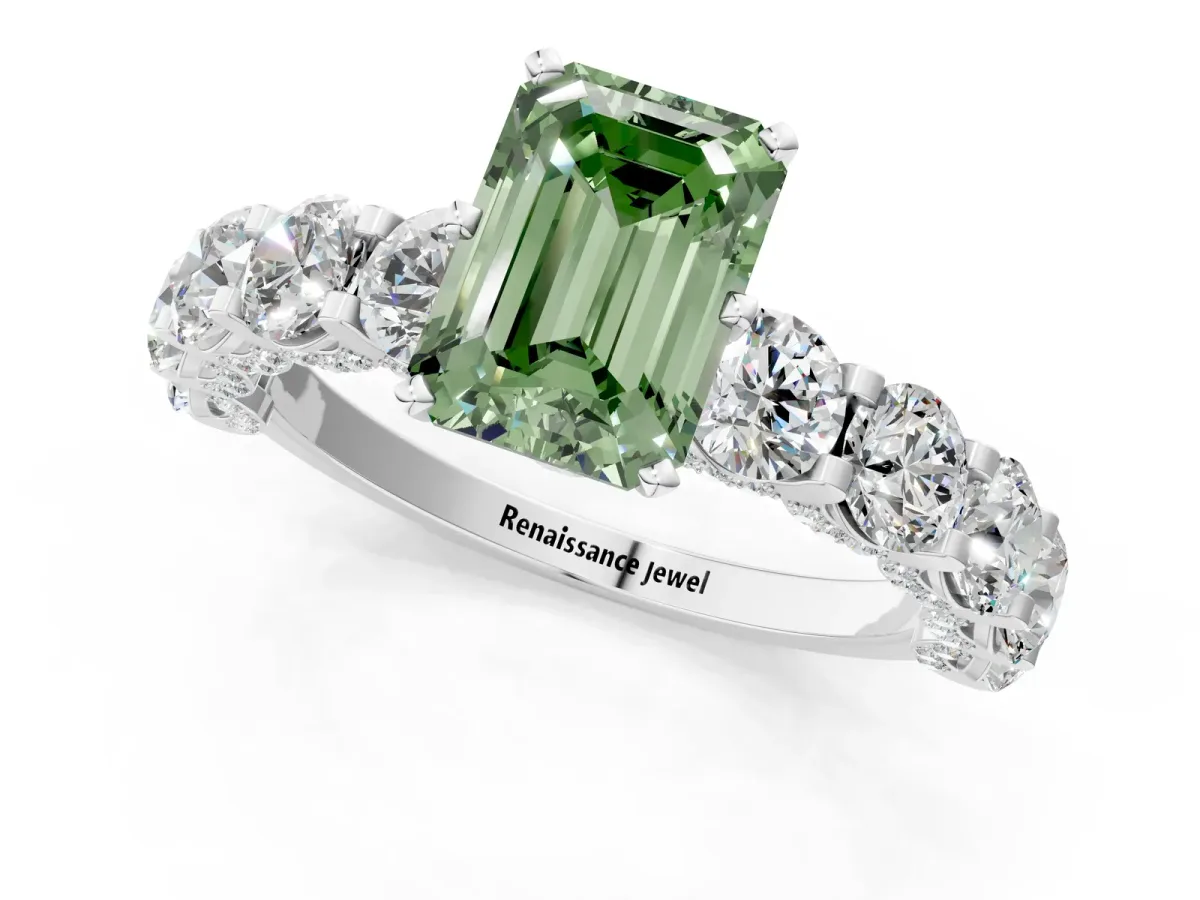 Fancy Green Emerald Cut Diamond Side Stone Engagement Ring with Four-Prong Setting White gold