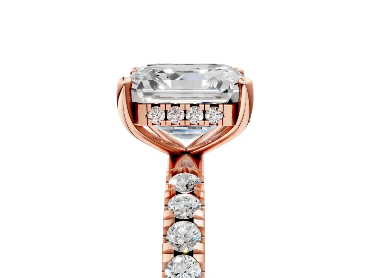 Asscher Cut Diamond Pave Band Solitaire Ring with Round and Prong Setting Rose gold