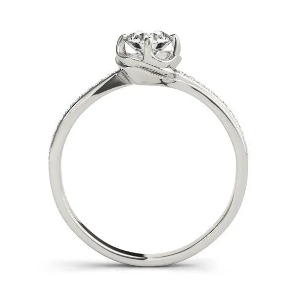 Round Cut Diamond Solitaire Ring with Pavé Band and Sculpted Prong Setting Silver
