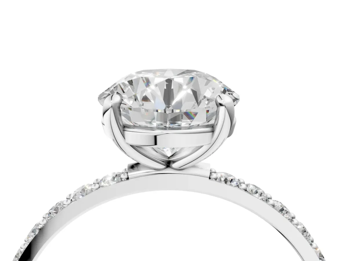 Round Cut Diamond Solitaire Ring with Round Pavé Band and Prong Setting Platinum