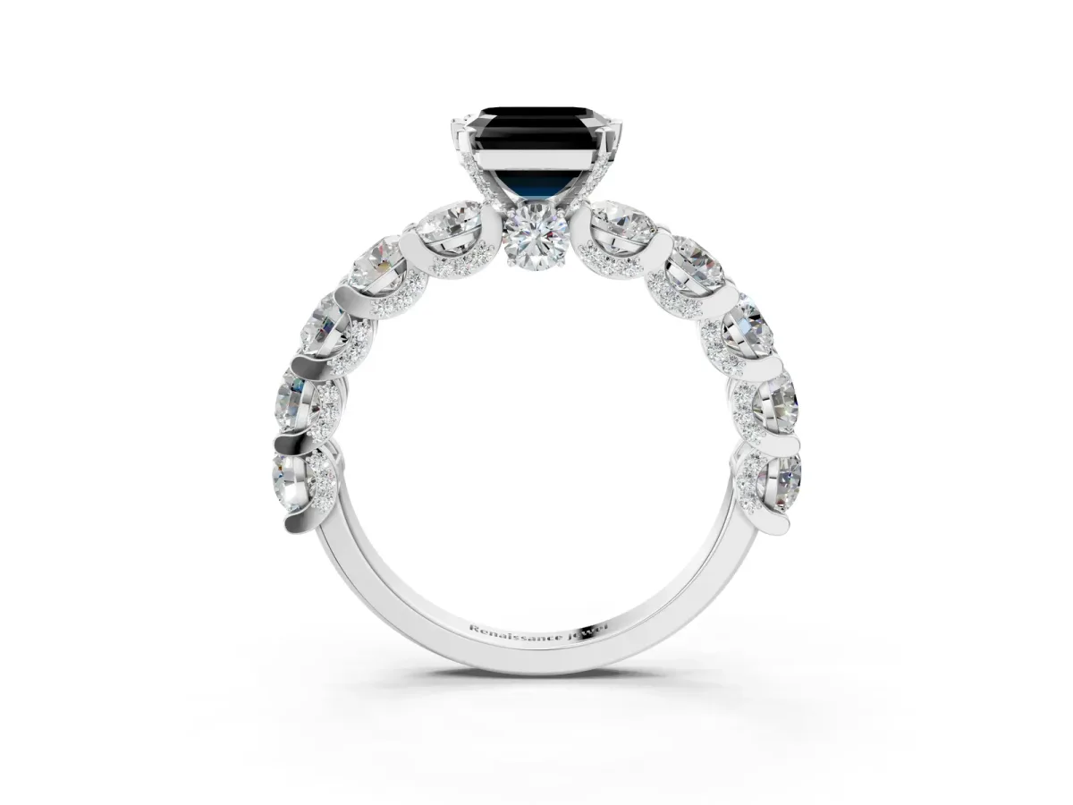 Fancy Black Asscher Cut Diamond Side Stone Engagement Ring with Four-Prong Setting White gold