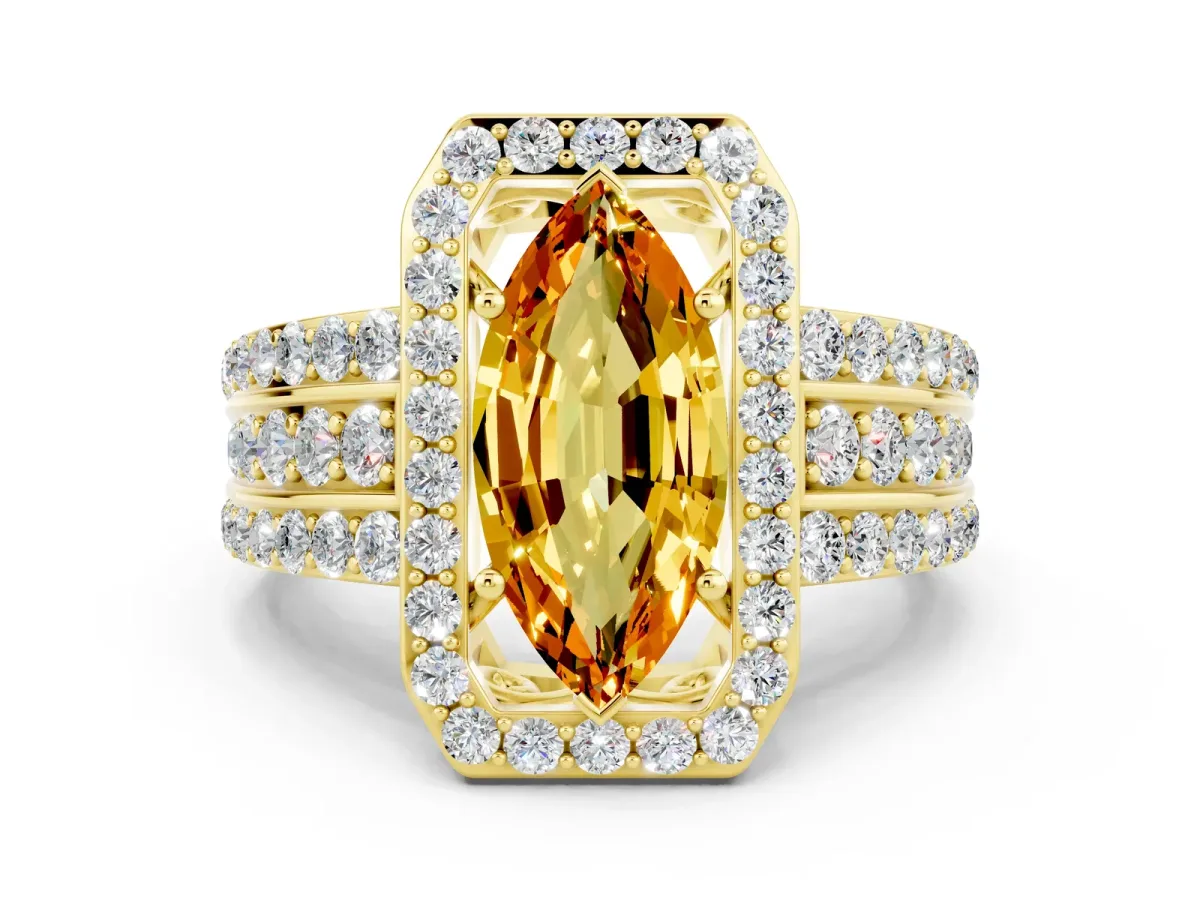 Marquise Cut Halo Citrine Ring with Round Split Shank and Prong Setting Yellow gold