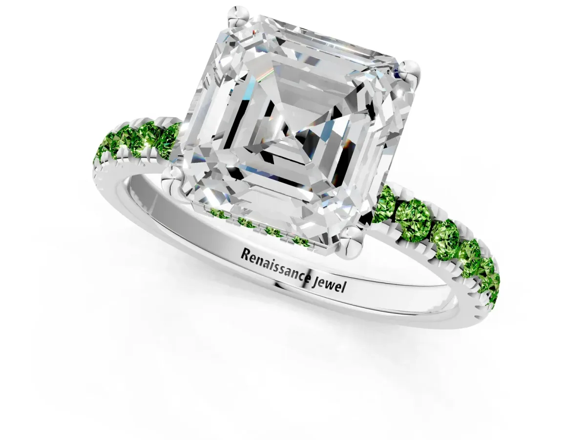 Asscher Cut Diamond Pave Band Solitaire Ring with Round Peridot and Prong Setting Silver