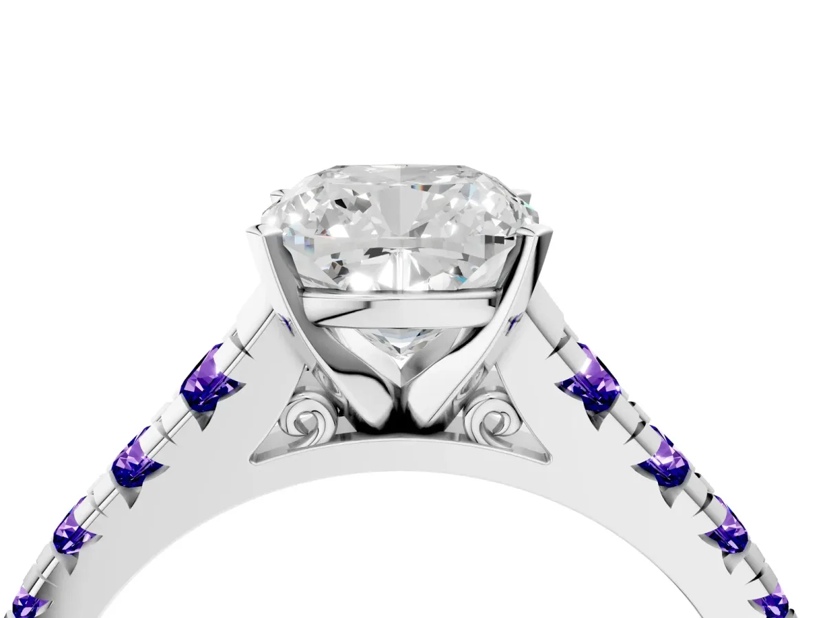Cushion Cut Diamond Cathedral Solitaire Ring with Round Tanzanite Pavé Band Silver