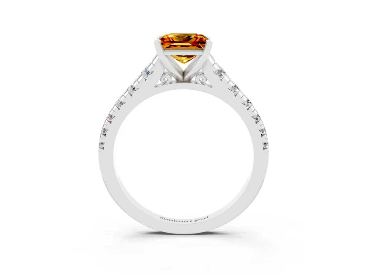 Princess Cut Citrine Cathedral Solitaire Ring with Round Pavé Band Silver