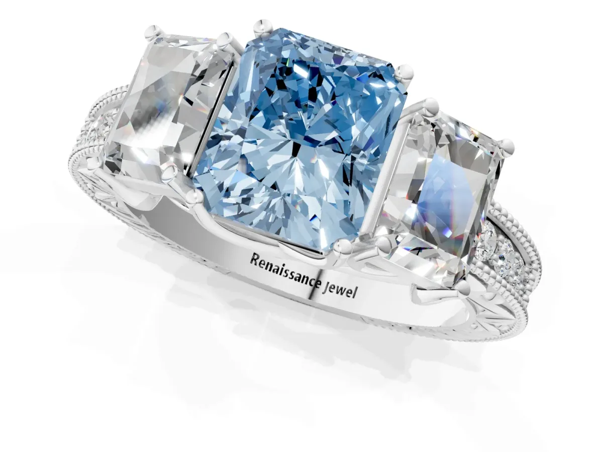 Fancy Blue Three-Stone Radiant Cut Cut Milgrain Pavé Engagement Ring Platinum