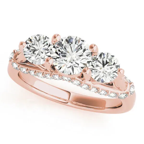 Round Cut Diamond Three-Stone Ring with Prong Setting and Pavé Band Rose gold