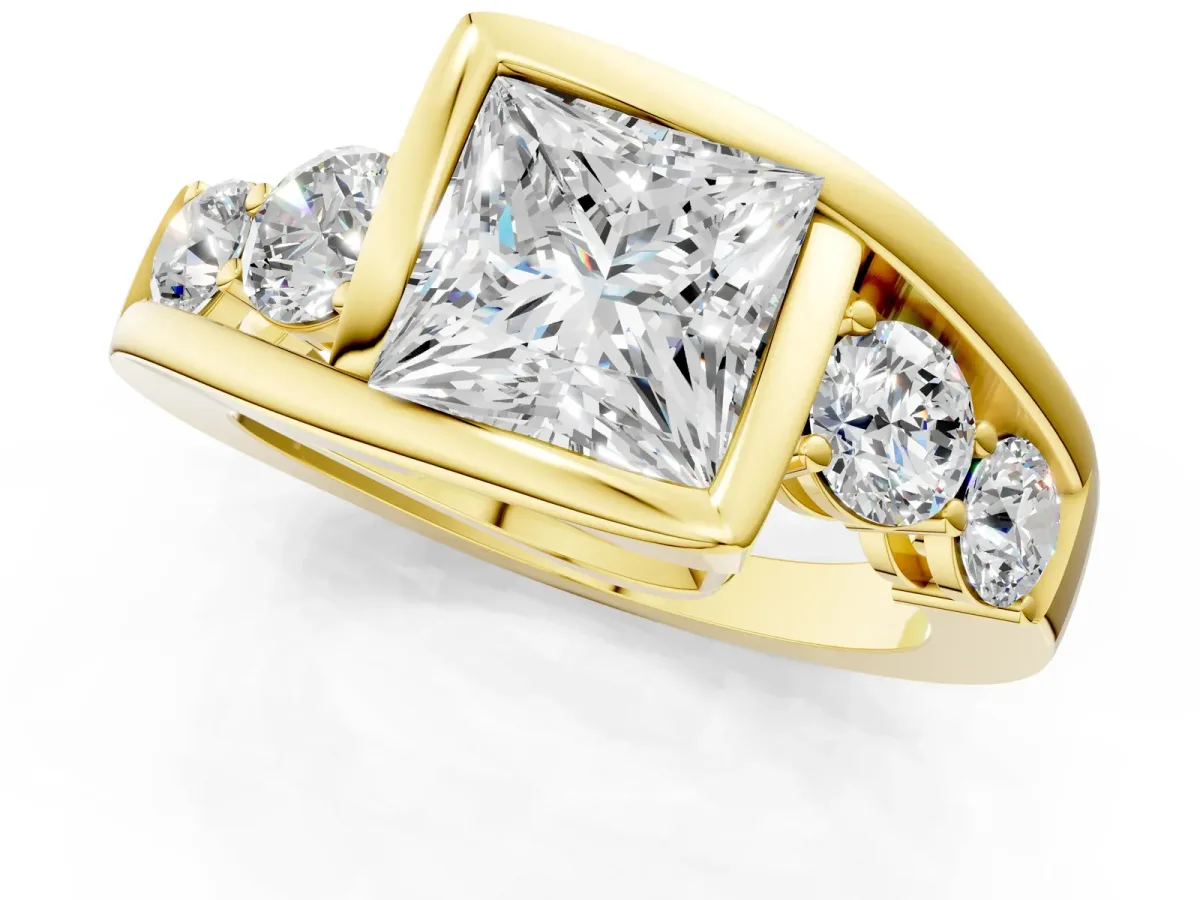 Bezel Set Princess Cut Diamond Bypass Ring with Round Accents Yellow gold