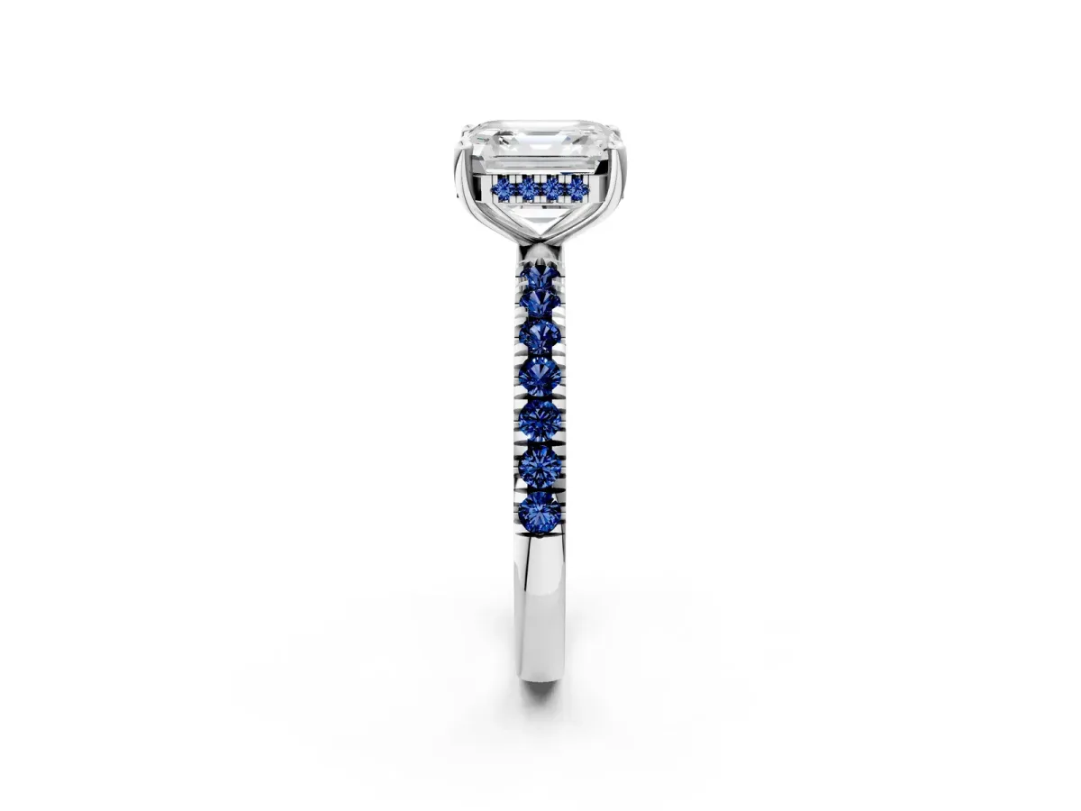 Asscher Cut Diamond Pave Band Solitaire Ring with Round Blue Sapphire and Prong Setting Silver