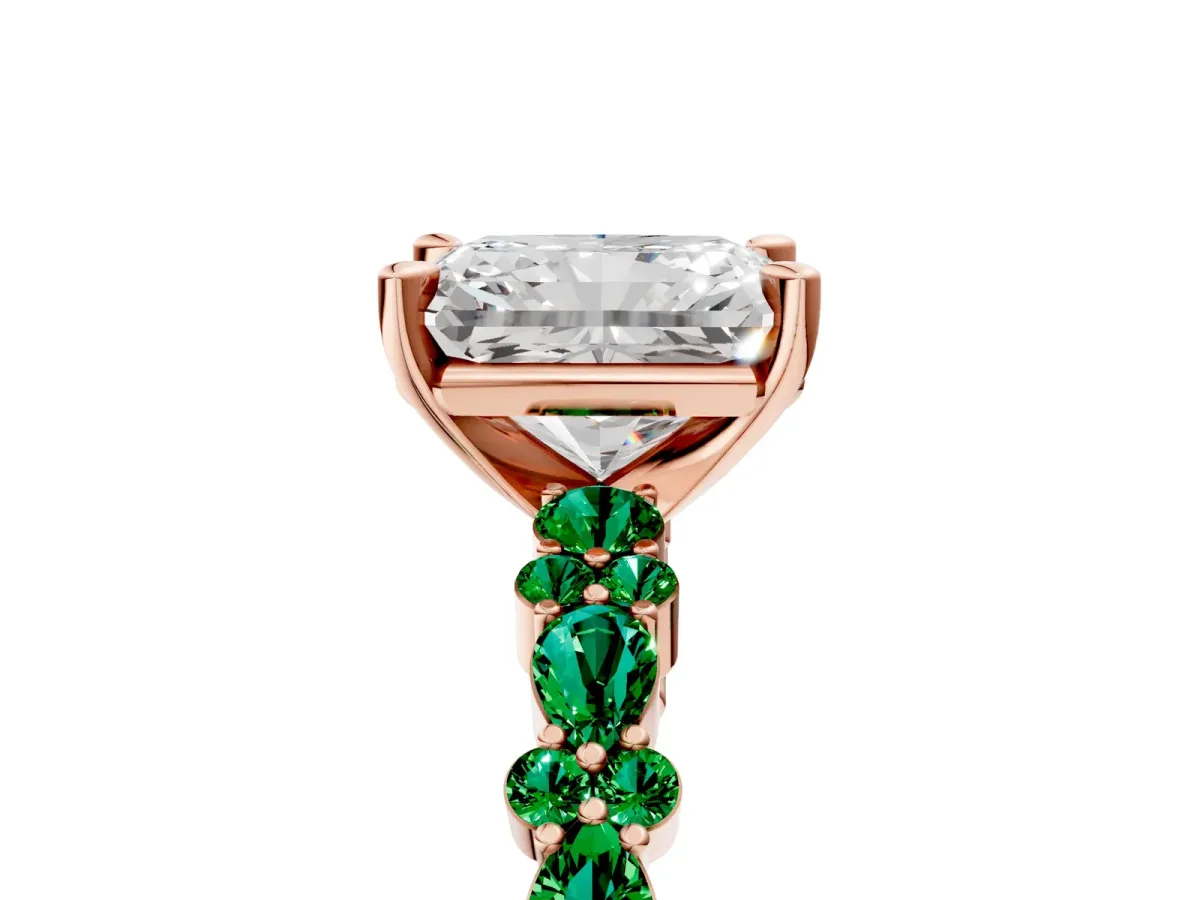 Radiant Cut Diamond Side Stone Solitaire Ring with Round Emerald and Four-Prong Setting Rose gold