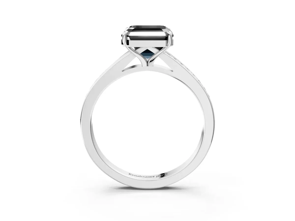 Fancy Black Asscher Cut Diamond Solitaire Ring with Pavé Band and Prong Setting Platinum