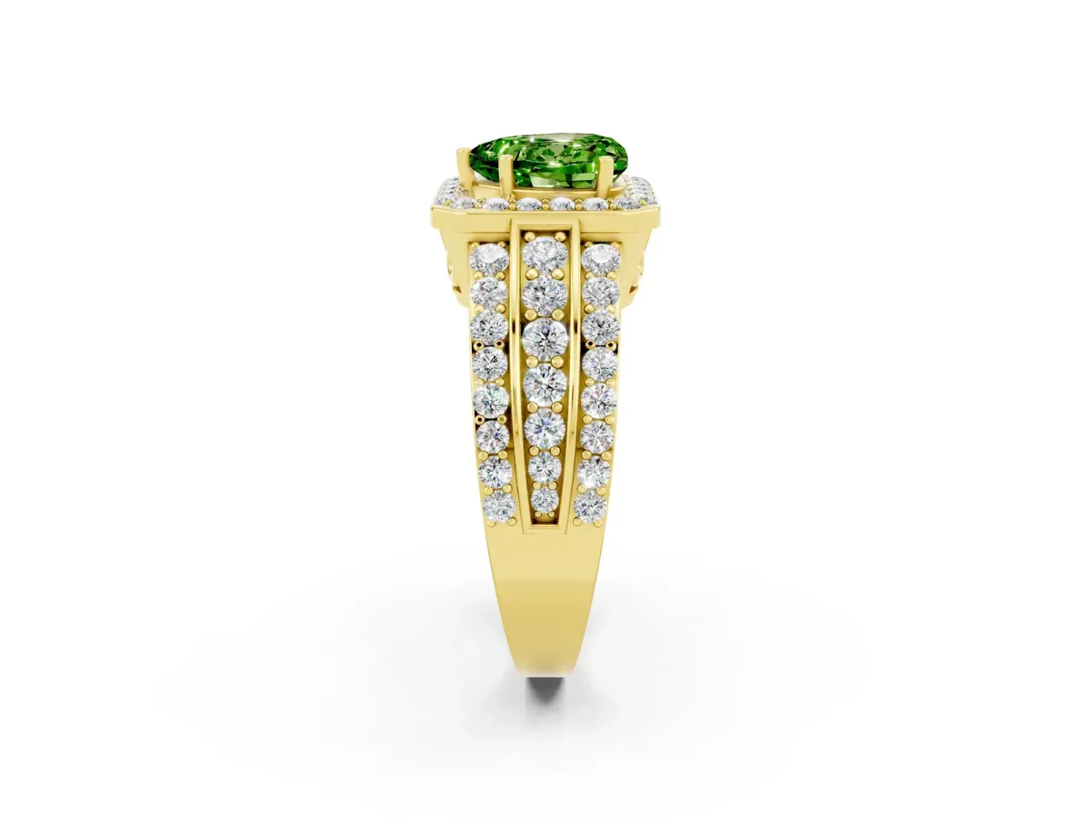 Heart Cut Halo Peridot Ring with Round Split Shank and Prong Setting Yellow gold