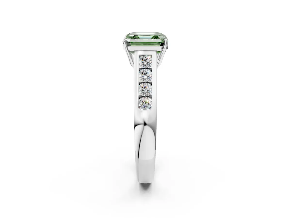 Fancy Green Asscher Cut Brilliant Channel-Set Solitaire Ring with Four-Prong Setting Platinum
