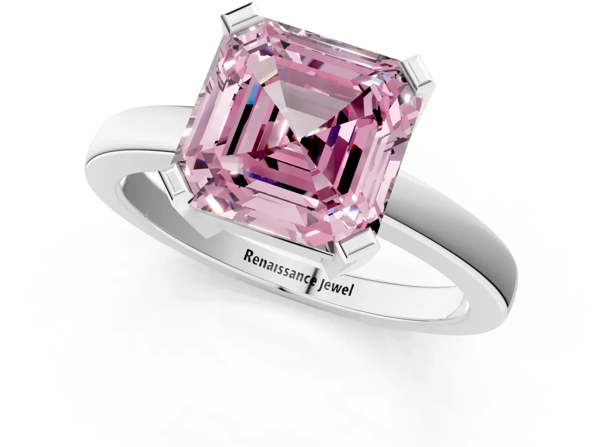 Fancy Pink Asscher Cut Cut Solitaire Ring with Four-Prong Setting and Classic Band Platinum
