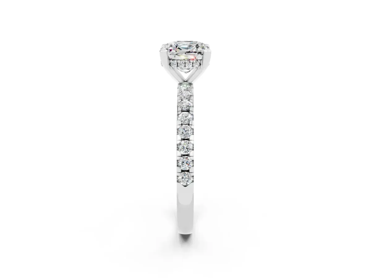 Cushion Cut Moissanite Solitaire Ring with Round Pavé Band and Four-Prong Setting Silver