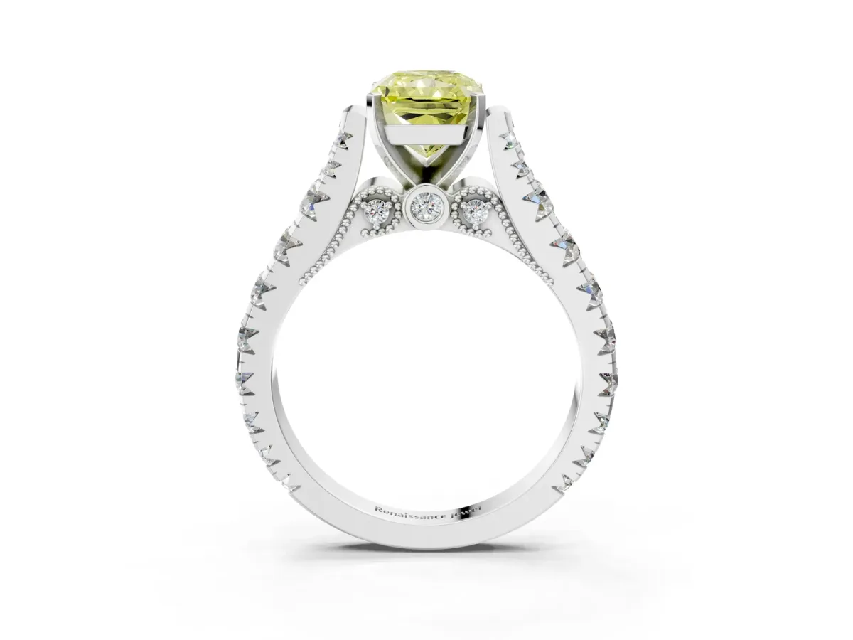 Fancy Yellow Radiant Cut Diamond Classic Solitaire Ring with Pavé Band and Four-Prong Setting Silver