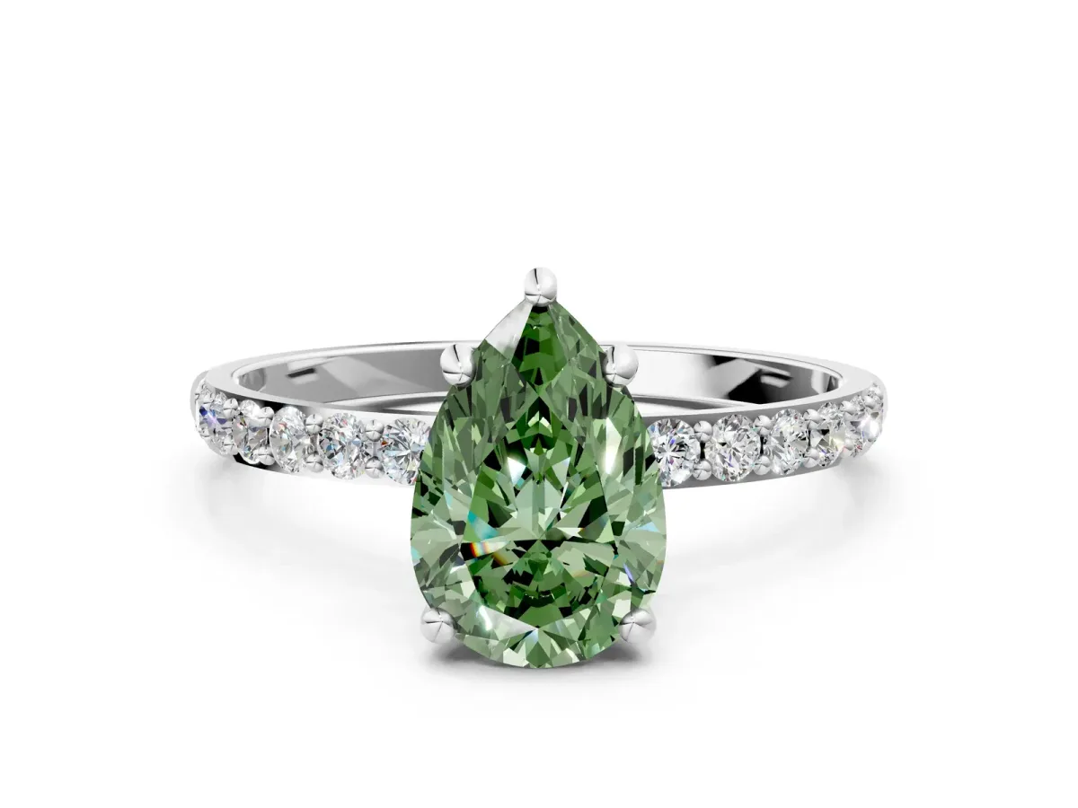 Fancy Green Pear Cut Diamond Solitaire Ring with Round Pavé Band and Prong Setting Silver
