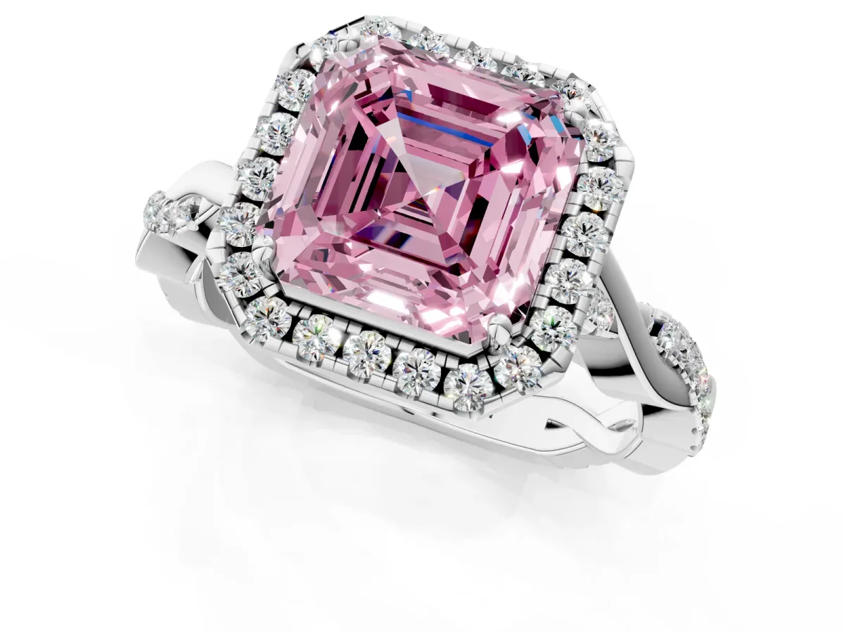 Fancy Pink Asscher Cut Halo Twist Band Solitaire Ring Platinum