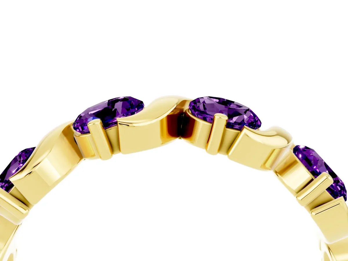 Six-Stone Round Amethyst Wave Band with Shared Prong Setting Yellow gold